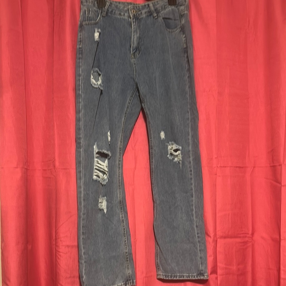 High Rise Blue Jeans with Vintage Distressing